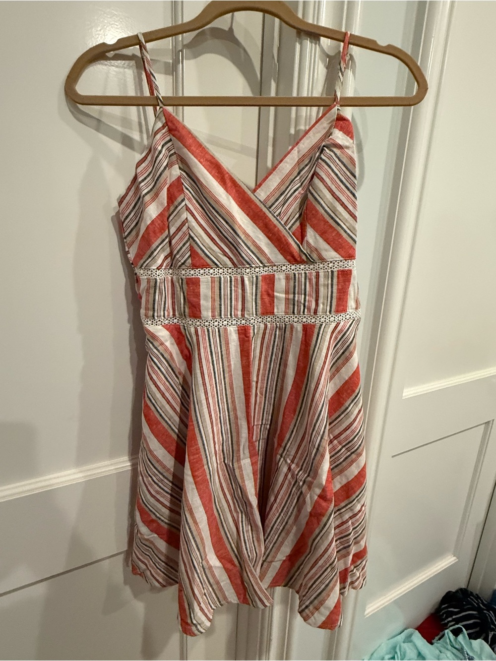 Francesca's Collections Coral and White Striped V-Neck Mini Dress